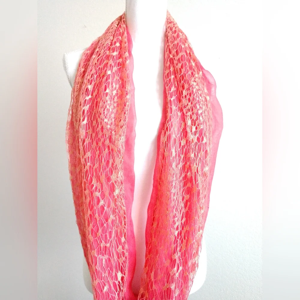 Stunning Fashion Infinity Scarf Peachy Pink with Gold Metallic Netting Overlay